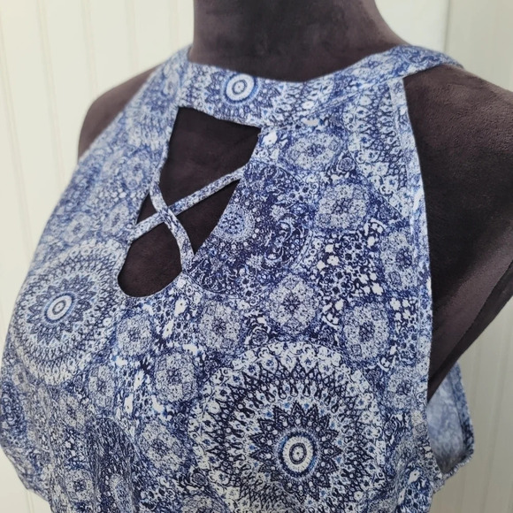 Pink Rose Juniors Ruffle Strappy Romper Pink Blue White Florals Rayon Sz L - Picture 4 of 12